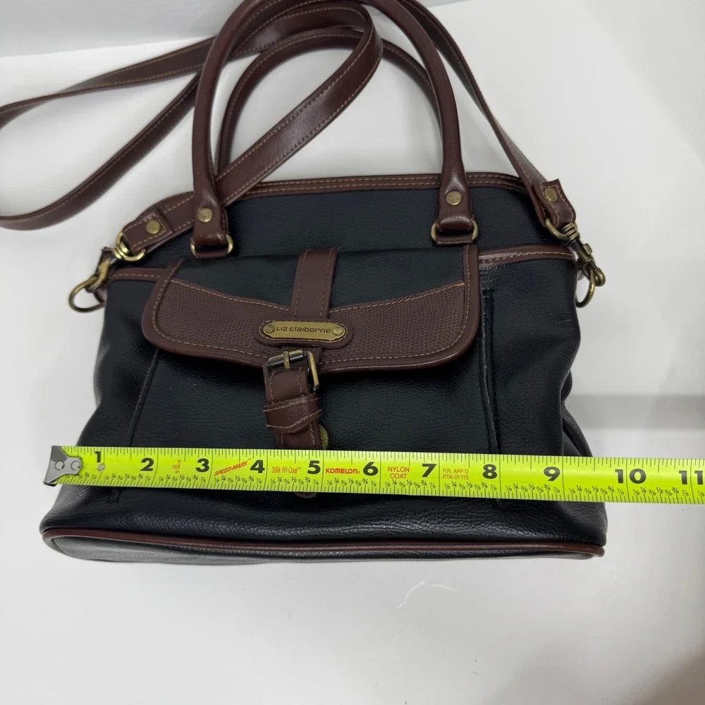 Liz Claiborne Black Brown Pebble Grain Satchel Crossbody Bag Brass Hardware